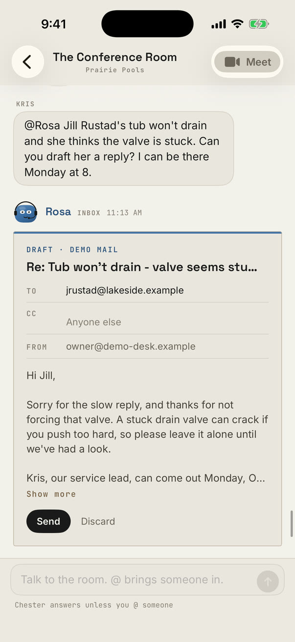 Kris asks Rosa for a reply to a customer, and Rosa's draft email waits with Send and Discard.