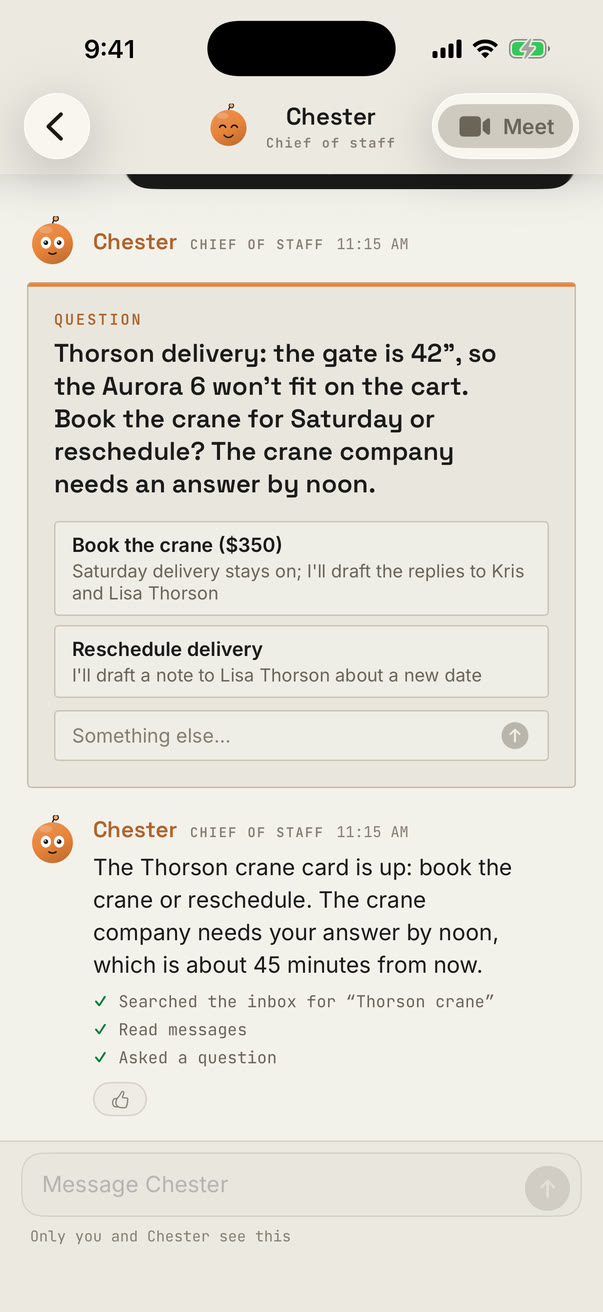 A question card from the chief of staff: book a crane for Saturday's delivery or reschedule, with both choices laid out.