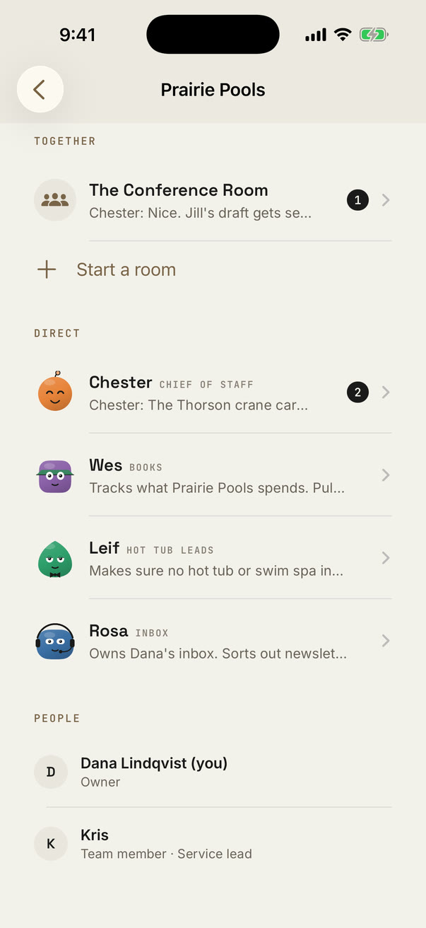 The room list: the Conference Room, direct lines with four staff showing what each is doing, and the people on the Desk, Dana and Kris.